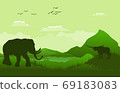 Green Vector landscape with silhouettes of mountains, elephant, buffalo, african landscape. 69183083