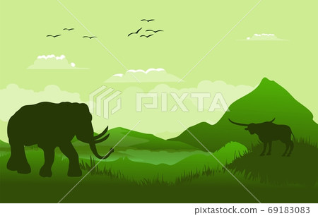 Green Vector landscape with silhouettes of mountains, elephant, buffalo, african landscape. 69183083