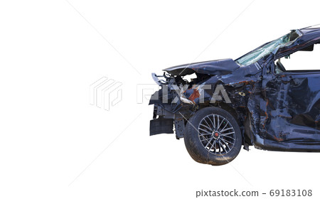 Front of black color car get big damage by accident on road. Iso Front of black color car get big damage by accident on road. Iso 69183108