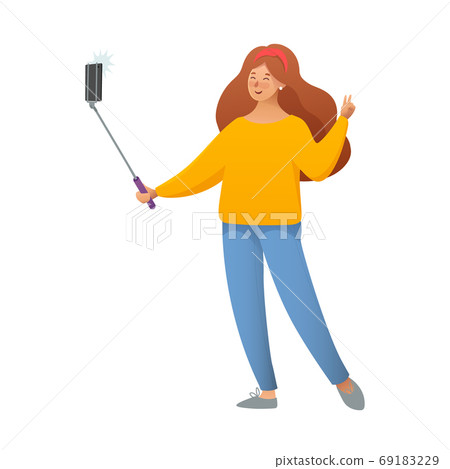 A girl takes a selfie. Cool happy girl making selfie photo with Smartphone. Vector illustration A girl takes a selfie. Cool happy girl making selfie photo with Smartphone. Vector illustration 69183229