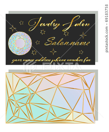 Brand Identity - business card template with front side with logo - golden diamond, crystal, text, and back side with pattern with precious stones. Ready to print 69183758