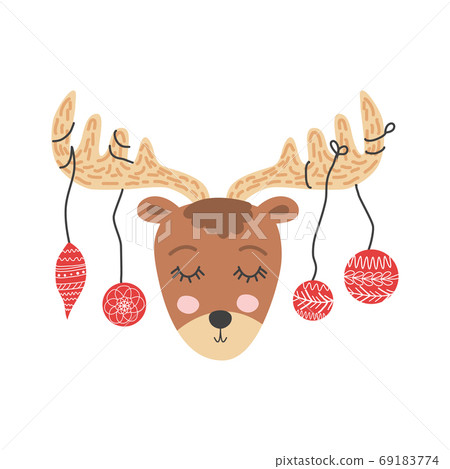 Funny moose with Christmas balls, hand drawn illustration. 69183774