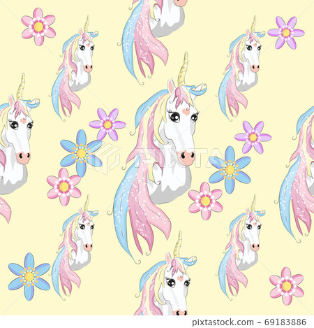 Seamless unicorn pattern with hearts and stars. 69183886