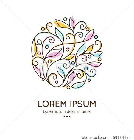 Pink, blue and yellow emblem with abstract leaves. Pink, blue and yellow emblem with abstract leaves. 69184153