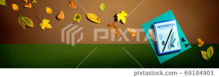 Notebooks with school supplies and autumn leaves 69184903