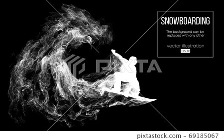 Abstract silhouette of a snowboarder jumping isolated on dark, black background from particles. Snowboarder jumping and performs a trick. Background can be changed to any other. Vector illustration 69185067