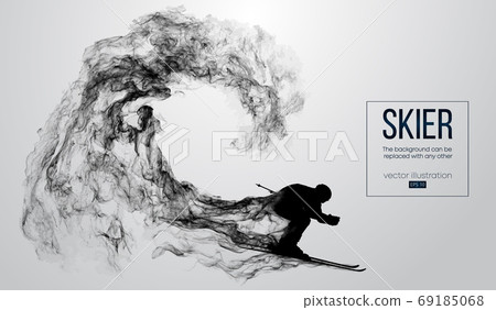 Abstract silhouette of a skier isolated on white background from particles, dust, smoke, steam. Skier carving and performs a trick. Background can be changed to any other. Vector illustration 69185068