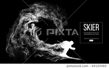 Abstract silhouette of a skier on dark, black background from particles, dust, smoke, steam. Skier carving and performs a trick. Background can be changed to any other. Vector illustration 69185069