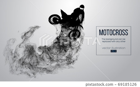 Abstract silhouette of a motocross rider on white background from particles, dust, smoke, steam. Motocross rider jumping and performs a trick. Background can be changed to any other. Vector 69185126