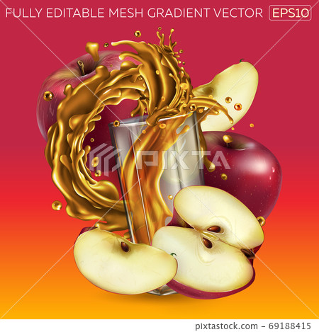 Fruit juice splashing in a glass and red apples around it. Fruit juice splashing in a glass and red apples around it. 69188415