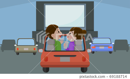 男人和女人在背景汽車影院看電影的插圖 男人和女人在背景汽車影院看電影的插圖 69188714