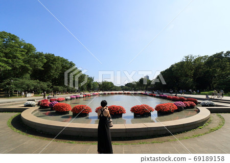 A beautiful woman in a dress taking a photo by the pond 69189158