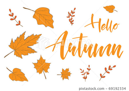 Hello Autumn brush hand lettering text with leaves Hello Autumn brush hand lettering text with leaves 69192334