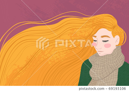 Happy ginger girl with an autumn leaf , enjoying the weather. Hello Fall. Autumn design for banner, poster, print, poster, postcard. Vector illustration. 69193106