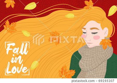 Happy ginger girl with an autumn leaf , enjoying the weather. Hello Fall. Autumn design for banner, poster, print, poster, postcard. Vector illustration. 69193107