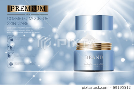 Hydrating facial skincare for annual sale or festival sale. silver brown cream mask bottle isolated on glitter particles background for product presentation. Graceful cosmetic ads. 69195512