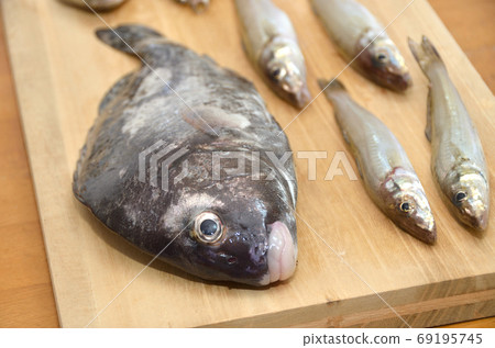 All 7 fishes were placed on a cutting board, kiss, peppercorn, black sea bream, holly 69195745