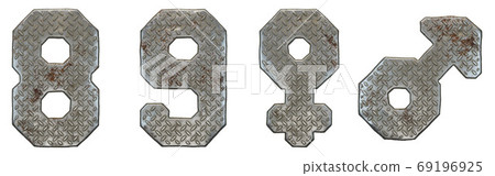 Set of numbers 8, 9 and symbols female, male made of industrial metal on white background 3d Set of numbers 8, 9 and symbols female, male made of industrial metal on white background 3d 69196925