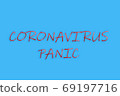 Inscription CORONAVIRUS PANIC on blue background. Novel coronavirus outbreak. Prevention of covid. Global pandemic alert. 69197716