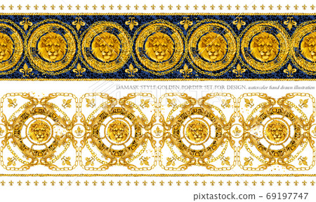 Gold damask seamless pattern. Watercolor vintage golden lion ornament. luxury textile print Gold damask seamless pattern. Watercolor vintage golden lion ornament. luxury textile print 69197747