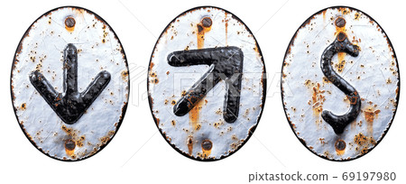 Set of symbols arrow to down, up arrow, dollar made of forged metal on the background fragment of a metal surface with cracked rust. Set of symbols arrow to down, up arrow, dollar made of forged metal on the background fragment of a metal surface with cracked rust. 69197980