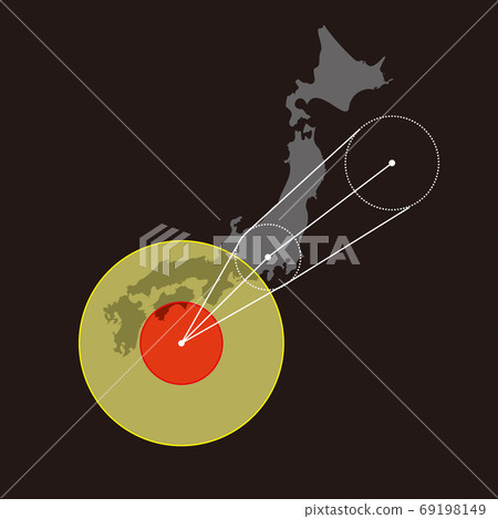 A vector illustration of a typhoon taking the course of hitting the Japanese archipelago. Black background. 69198149