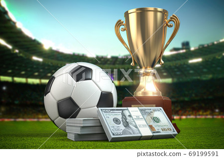 Betting, Footbal ball and cup with packs of dollar on football a Betting, Footbal ball and cup with packs of dollar on football a 69199591