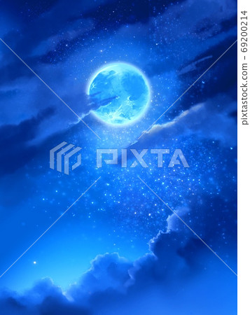 閃亮的藍色滿月和繁星點點的天空的山水畫 69200214
