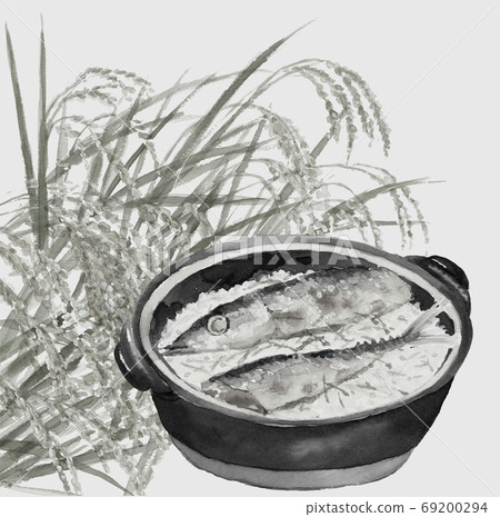 Earthenware pork autumn sausage rice saury New rice Autumn taste Inaho cuisine monotone White background [ink painting style] 69200294