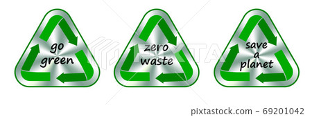 Go green, Zero waste, Save a planet green hologram, environmental protection sign. Triangle hologram set 69201042