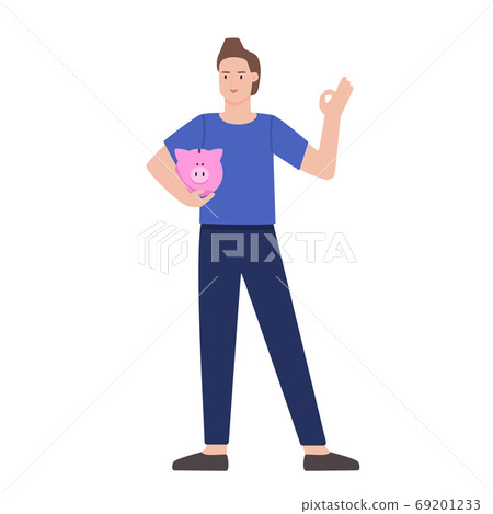 A young man with a piggy Bank in his hand. - Stock Illustration ...
