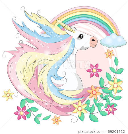 Unicorn face. Beautiful pony unicorns faces, magic horn in rainbow flower wreath and pony cute eyelashes head, fairytale rainbow magical cartoon 69201312