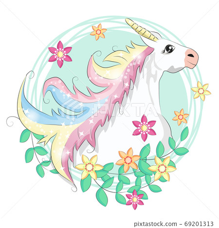 Unicorn face. Beautiful pony unicorns faces, magic horn in rainbow flower wreath and pony cute eyelashes head, fairytale rainbow magical cartoon 69201313