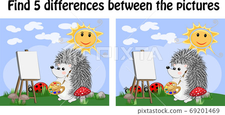 Find the differences between the pictures. A learning game for children. The hedgehog draws on an easel on a fairytale glade Find the differences between the pictures. A learning game for children. The hedgehog draws on an easel on a fairytale glade 69201469