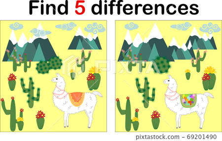 Find the differences between the pictures. Children's educational game. Sweet llama, alpaca among cacti and mountains Find the differences between the pictures. Children's educational game. Sweet llama, alpaca among cacti and mountains 69201490