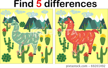 Find the differences between the pictures. Children's educational game. Sweet llama, alpaca among cacti and mountains 69201492