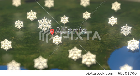 Atlanta city and snowy weather icon on the map, weather forecast related 3D rendering Atlanta city and snowy weather icon on the map, weather forecast related 3D rendering 69201700