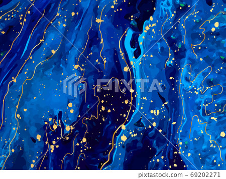 Blue marble and gold abstract background texture. Indigo, blue marbling with natural luxury style lines of marble and gold powder. Vector 69202271
