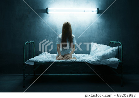 Psycho woman screams in bed, insomnia horror Psycho woman screams in bed, insomnia horror 69202988