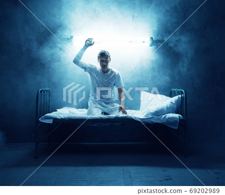 Psycho man in bed, insomnia, disorder, psychedelic 69202989