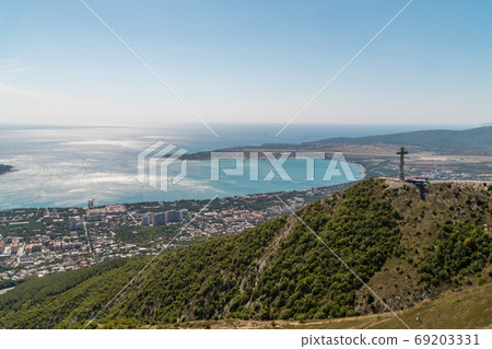 Russia. Krasnodar region. View of Gelendzhik Bay from the height of the Markhotsky ridge in summer. Russia. Krasnodar region. View of Gelendzhik Bay from the height of the Markhotsky ridge in summer. 69203331