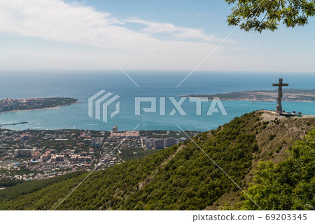 Russia. Krasnodar region. View of Gelendzhik Bay from the height of the Markhotsky ridge in summer. Russia. Krasnodar region. View of Gelendzhik Bay from the height of the Markhotsky ridge in summer. 69203345