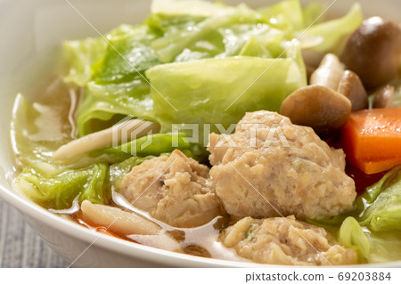 湯裝滿蔬菜和雞肉餃子。 湯裝滿蔬菜和雞肉餃子。 69203884