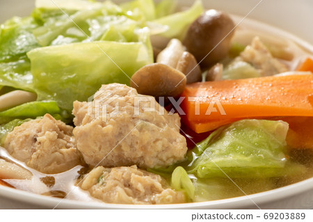 Soup full of vegetables with chicken dumplings. Soup full of vegetables with chicken dumplings. 69203889