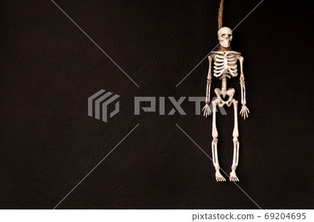 Skeleton in the form of a hanged man flat lay on a dark background with copy space. Invitation for Halloween holiday 69204695