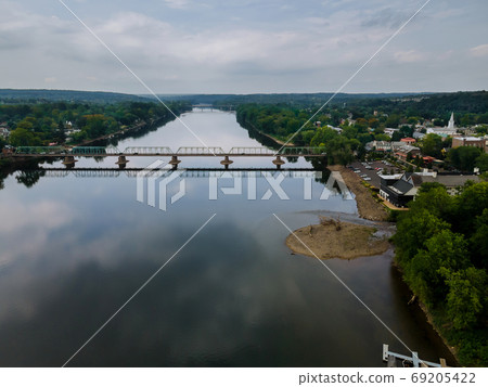 Aerial Delaware river, in the historic city New Hope Pennsylvania and Lambertville New Jersey USA Aerial Delaware river, in the historic city New Hope Pennsylvania and Lambertville New Jersey USA 69205422