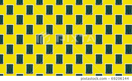creative seamless pattern green wooden window with shutters in white frame on yellow wall creative seamless pattern green wooden window with shutters in white frame on yellow wall 69206144