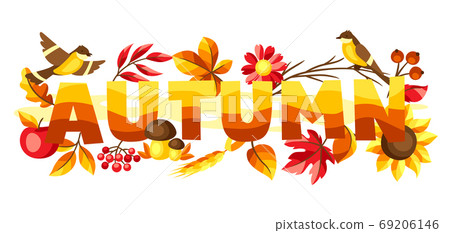 Autumn background with seasonal leaves and items. 69206146