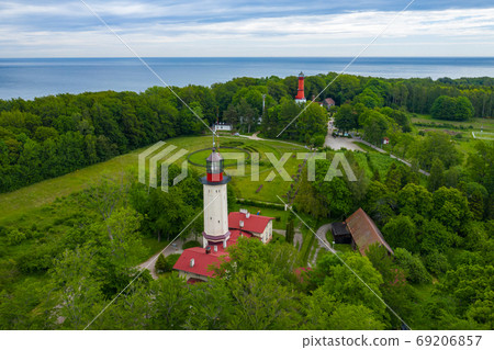 Aerial view of lighthouse in the small village of Rozewie on the Aerial view of lighthouse in the small village of Rozewie on the 69206857