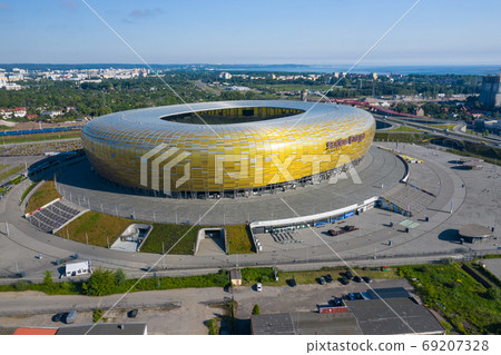 Aerial view of Stadium Energa, home stadium of local team Lechia Gdansk. Gdansk, Poland. Aerial view of Stadium Energa, home stadium of local team Lechia Gdansk. Gdansk, Poland. 69207328
